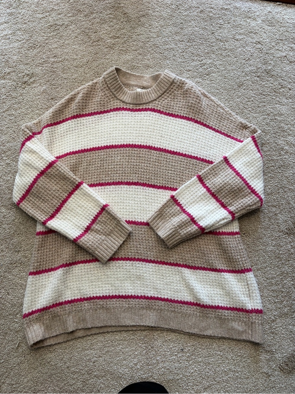 American Eagle Outfitters Beige, White & Pink Striped Crewneck Sweater